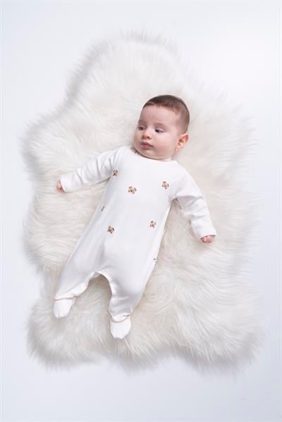 Unisex Bebek Pamuklu Ekru Nakışlı Tulum - Uzun Kollu Çıtçıtlı