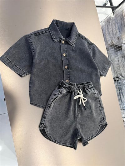 Çocuk Pamuklu Füme Yıkamalı Denim Oversize Gömlek Şort Takım