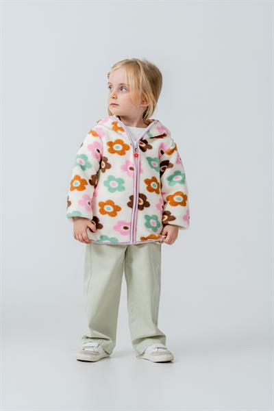 Kız Çocuk Pamuklu Çiçek Desenli Kapüşonlu Polar Ceket - Fermuarlı
