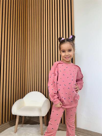 Kız Çocuk Pamuklu Gül Kurusu Mini Çiçek Desenli Sweatshirt & Flare Eşofman Takım