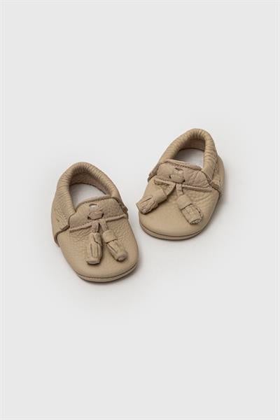Bej Hakiki Deri Püsküllü Bebek Mokasen