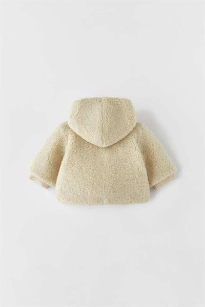 Kız Çocuk Pamuklu Krem Peluş Mont - Kapüşonlu ve Cepli Teddy Model