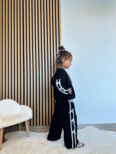 Kız Çocuk Pamuklu Siyah Fiyonklu İncili Şerit Detaylı Eşofman Takım