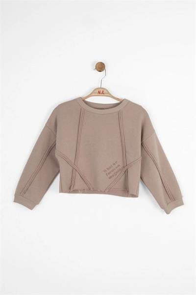 Kız Çocuk Pamuklu Bej Dikiş Detaylı Crop Sweatshirt