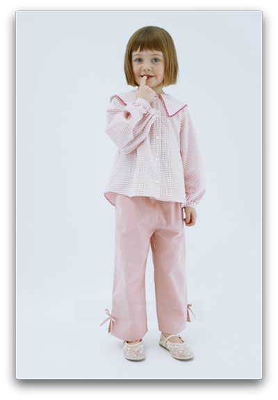 Kız Çocuk Pamuklu Pembe Kareli Gömlek Yaka Bluz Fiyonklu Pantolon Alt-Üst Takım