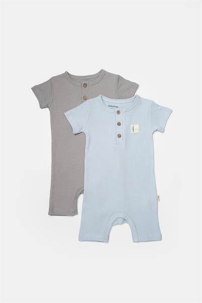 Erkek  Bebek %50 Bambu %50 Organik Pamuk Mavi ve Gri  Kısa Kollu Düğmeli Tulum 2li Set