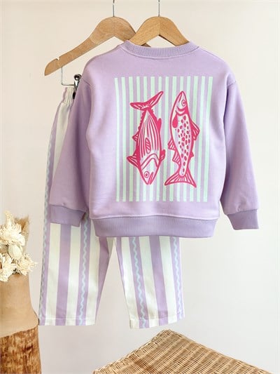 Kız Çocuk Pamuklu Balık Baskılı Lila Sweatshirt ve Çizgili Pantolon Takımı