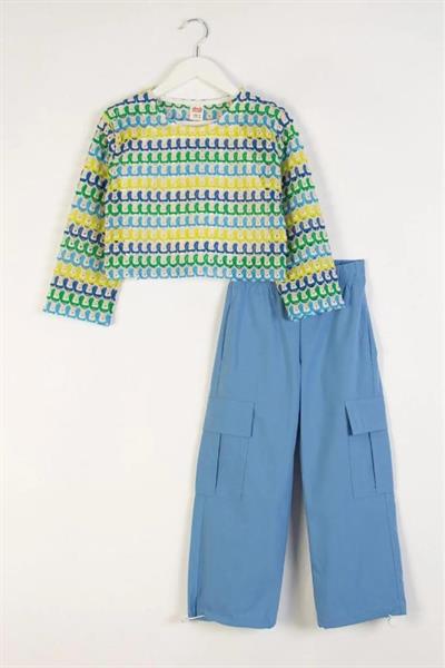 Kız Çocuk 3lü Takım – Desenli Sweatshirt, Kargo Pantolon ve Basic Atlet 