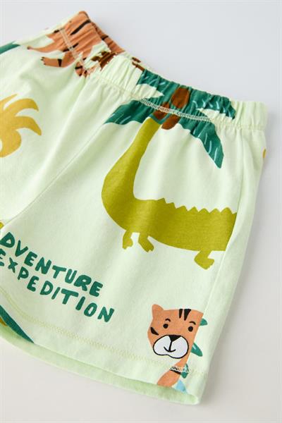 Erkek Çocuk Pamuklu Açık Yeşil Safari Temalı Hayvan Baskılı Yazlık T-shirt ve Şort Takım