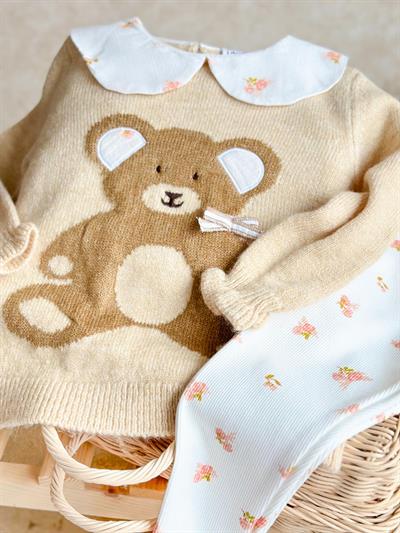 Triko Teddy Desenli Bebe Yaka Kazak Tayt Kız Çocuk Alt-Üst Takım