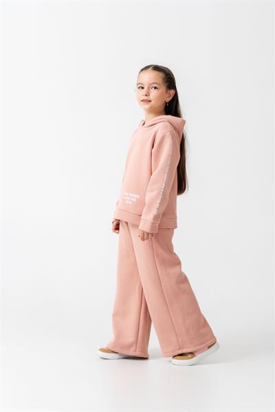 Kız Çocuk Pamuklu Pudra Kapüşonlu Sweatshirt ve Bol Paça Eşofman Takım