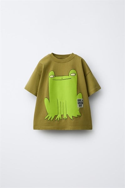 Unisex Çocuk Pamuklu Haki Kurbağa Baskılı Tişört Şort Takım