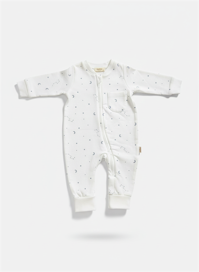 Unisex Bebek Pamuklu Ekru Gökyüzü Desenli Uzun Kollu Fermuarlı Tulum – Ay ve Yıldız Baskılı