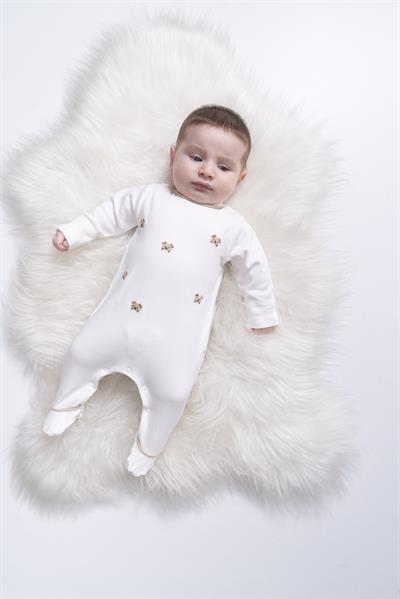 Unisex Bebek Pamuklu Ekru Nakışlı Tulum - Uzun Kollu Çıtçıtlı