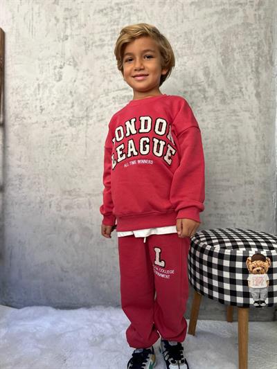 Erkek Çocuk Pamuklu Kırmızı London League Sweatshirt ve Eşofman Alt Takım - Nakış Detaylı