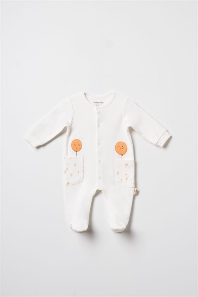 Unisex Bebek Pamuklu Ekru 2li Patikli Tulum Seti - Desenli ve Cepli