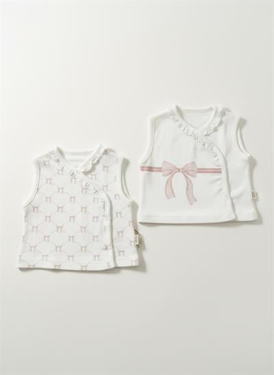 Bebek Pamuklu Beyaz Pembe Fiyonklu ve Desenli Yelek 2li Set - Kruvaze Model
