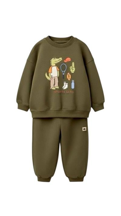 Erkek Çocuk Pamuklu Haki Timsah Baskılı Sweatshirt ve Eşofman Altı Takım - Spor Tarz Rahat Kesim