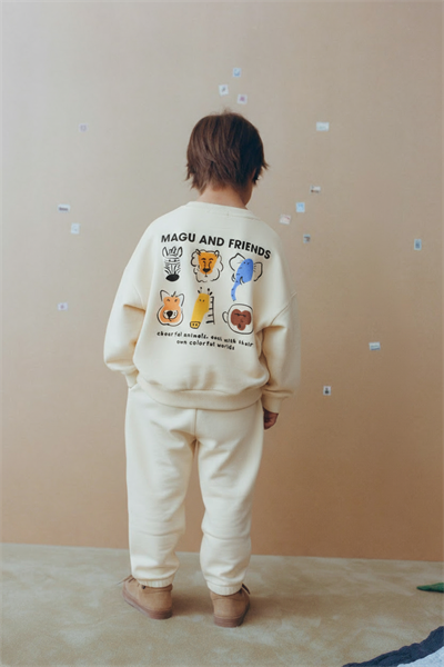 Unisex Çocuk Pamuklu Ekru Magu and Friends Baskılı Sweatshirt Eşofman Alt-Üst Takım