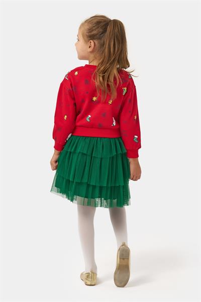 Kız Çocuk Pamuklu Kırmızı Sweatshirt ve Yeşil Tül Etek Takım - Yılbaşı Konseptli
