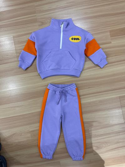 Unisex Çocuk Pamuklu Lila Turuncu Cool Yazılı Zip Eşofman Takımı