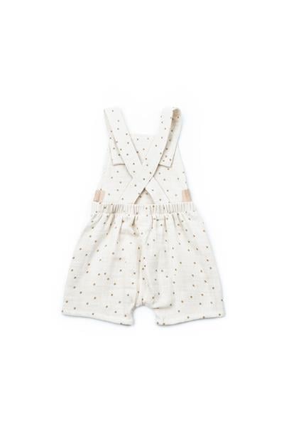 Erkek Bebek Müslin Ekru Noktalı Askılı Tulum ve Kulaklı Şapka Takımı