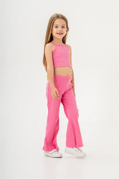 Kız Çocuk Pamuklu Pembe Ribana Askılı Crop ve Bol Paça Pantolon 2li Takım