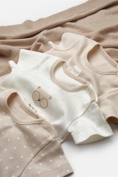 Unisex Bebek Pamuklu Bej Ekru 3lü Baskılı Çıtçıtlı Body Seti - Kısa Kollu
