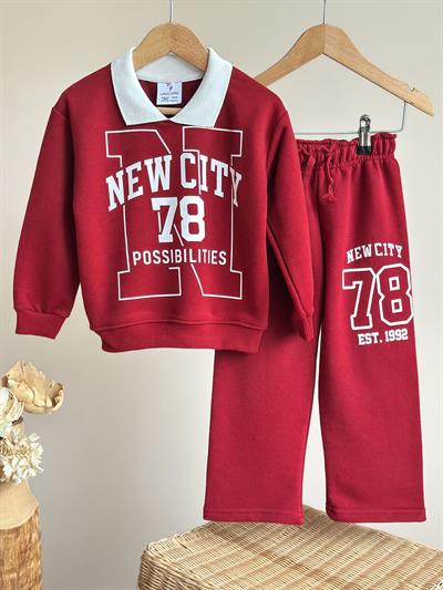 Kız Çocuk Pamuklu Bordo New City 78 Baskılı Eşofman Takımı - Rahat Kalıp