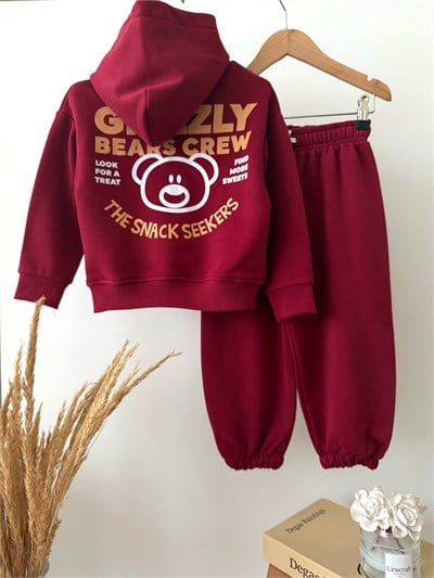 Çocuk  Ayıcık Baskılı Bordo Kapüşonlu Sweatshirt ve Eşofman Altı Takımı