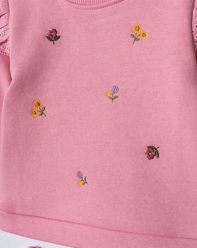 Kız Çocuk Pamuklu Pembe Çiçek Nakışlı Dantel Detaylı Sweatshirt ve Eşofman Takım