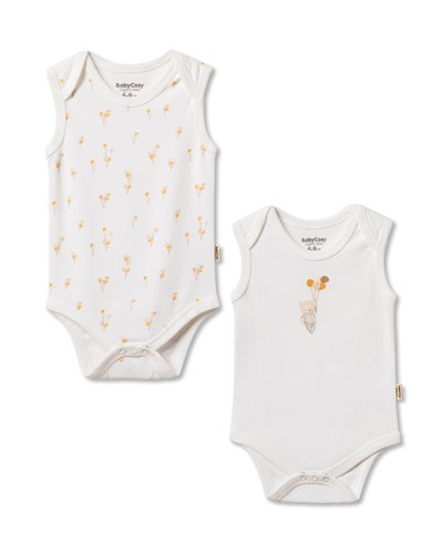 Unisex Bebek Pamuklu Ekru 2li Kolsuz Body Seti - Desenli ve Ayıcık Baskılı