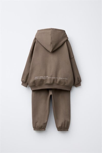 Çocuk Pamuklu Kapüşonlu Kahverengi Sweatshirt ve Eşofman Altı Takımı