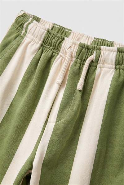 Unisex Çocuk Pamuklu Yeşil Ekru Çizgili Pantolon