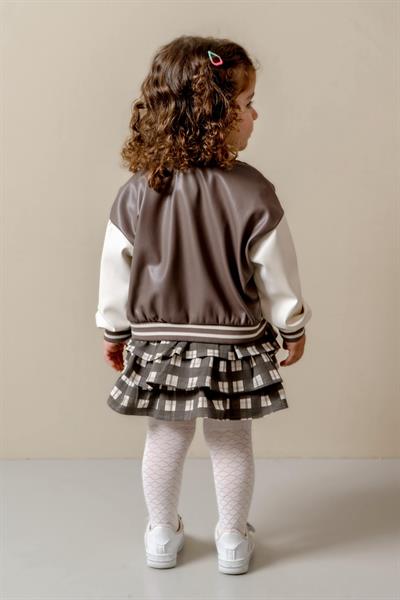 Kız Çocuk Kahverengi Ceket T Shirt ve Etek Takım