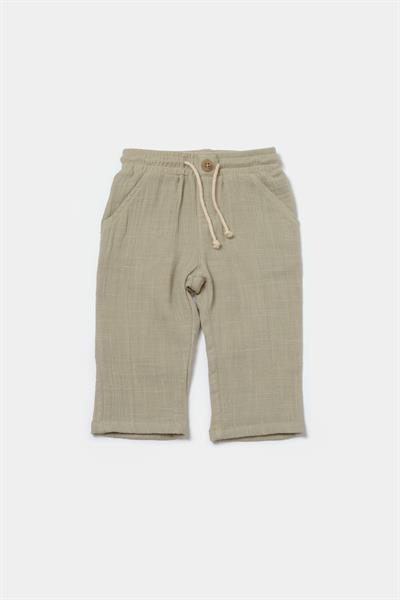 Bebek Pamuklu Bej Kuzu Nakışlı Müslin Takım – Düğmeli Üst ve Pantolon