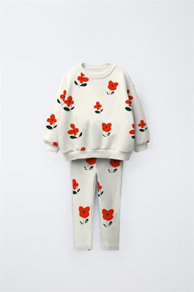 Kız Çocuk Pamuklu Ekru Kırmızı Çiçek Desenli Sweatshirt ve Tayt Takım - Günlük Konforlu Stil