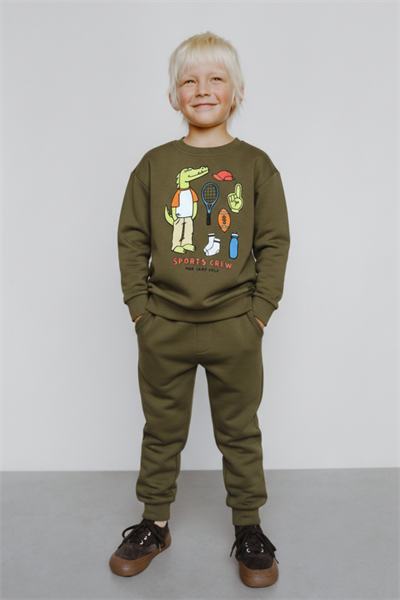 Erkek Çocuk Pamuklu Haki Timsah Baskılı Sweatshirt ve Eşofman Altı Takım - Spor Tarz Rahat Kesim