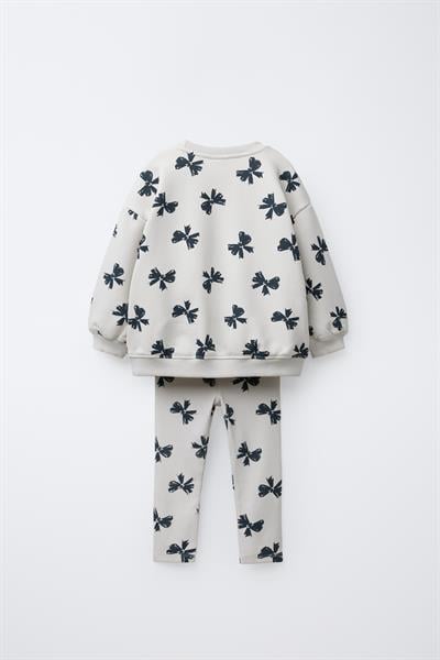 Kız Çocuk Pamuklu Krem Fiyonk Desenli Sweatshirt ve Tayt Takım