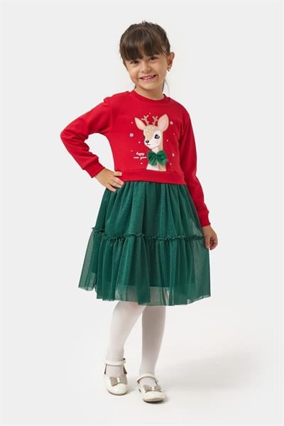 Kız Çocuk Pamuklu Kırmızı Geyik Desenli Sweatshirt ve Yeşil Tül Etek Takımı - Yılbaşı Konseptli
