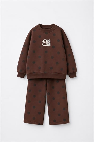 Çocuk Pamuklu Baskılı Kahverengi Puantiyeli Sweatshirt ve Eşofman Takımı