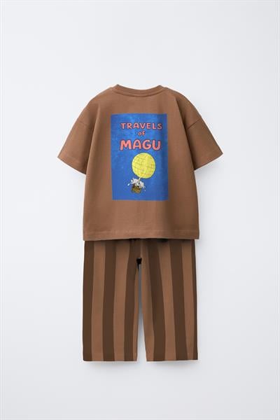 Unisex Çocuk Pamuklu Kahverengi Baskılı T-Shirt ve Çizgili Pantolon Takım