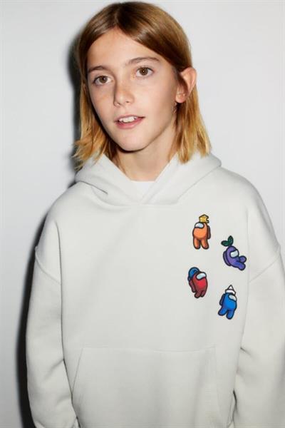 Çocuk Beyaz Minecraft Kapşonlu Pamuklu Sweatshirt