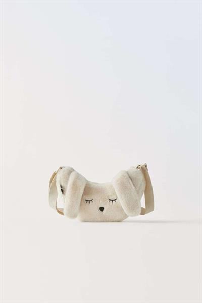 Çocuk Ekru Beyaz Tavşan Desenli Suni Kürk Çanta