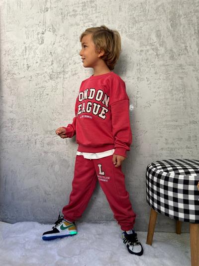 Erkek Çocuk Pamuklu Kırmızı London League Sweatshirt ve Eşofman Alt Takım - Nakış Detaylı