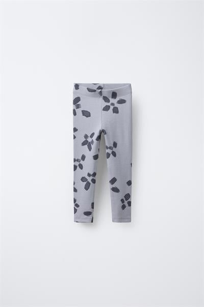 Kız Çocuk Pamuklu Gri Çiçek Desenli Sweatshirt ve Tayt Takım - Rahat Kesim, Fırfır Detaylı