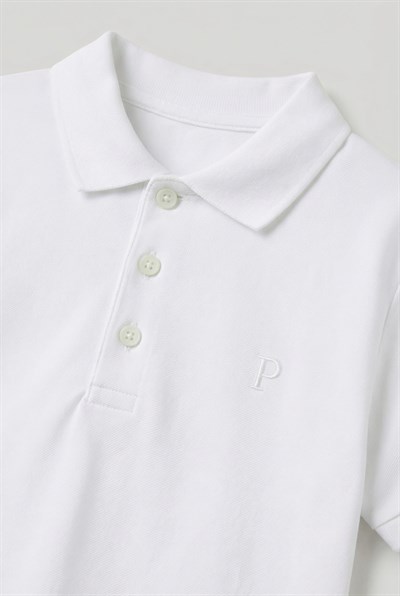 Unisex Çocuk Pamuklu Beyaz Polo Yaka Tişört - Düğme Detaylı