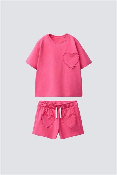 Kız Çocuk Pamuklu Pembe Kalp Cepli T-shirt Şort Takım