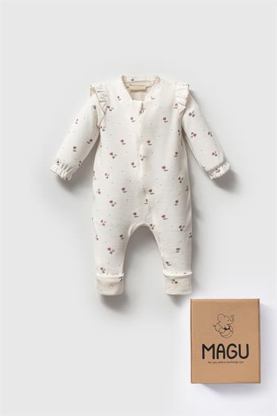 Kız Bebek Organik Pamuklu Ekru Çiçek Desenli Fırfır Kollu Tulum - Rahat ve Şirin