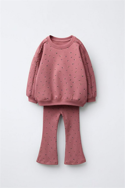 Kız Çocuk Pamuklu Gül Kurusu Mini Çiçek Desenli Sweatshirt & Flare Eşofman Takım